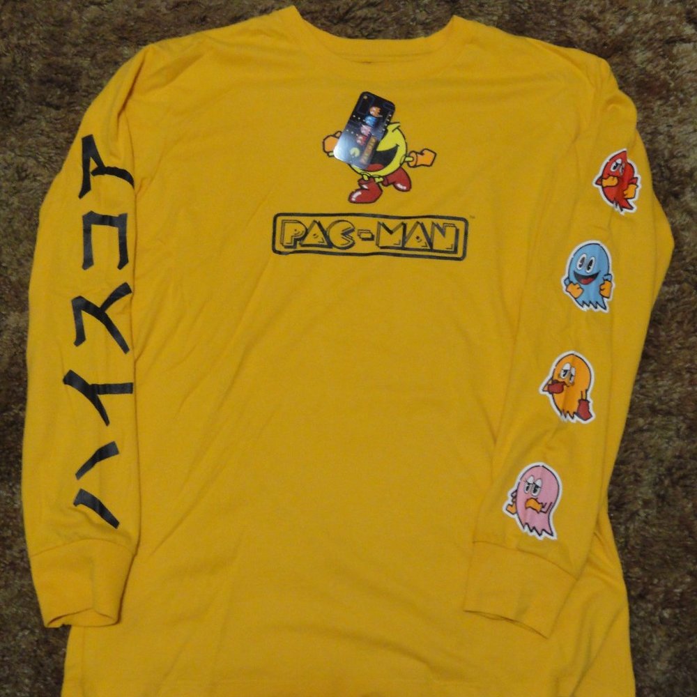PacMan Long-Sleeved spell out & character~Yellow~NWT~Gamer~old school